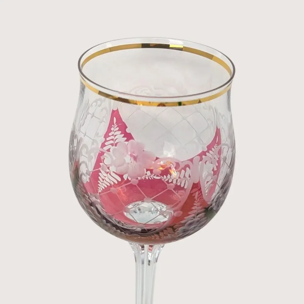 1960s Bohemian Cranberry Glass Wine Goblet Set with Gold Rim
